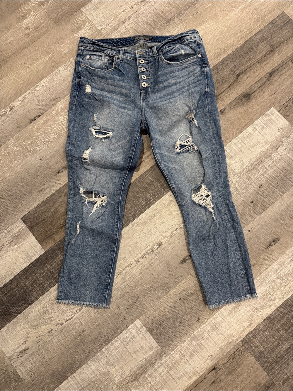 Torrid Heavily Distressed Button-Fly Boyfriend Jeans — Blue Wash